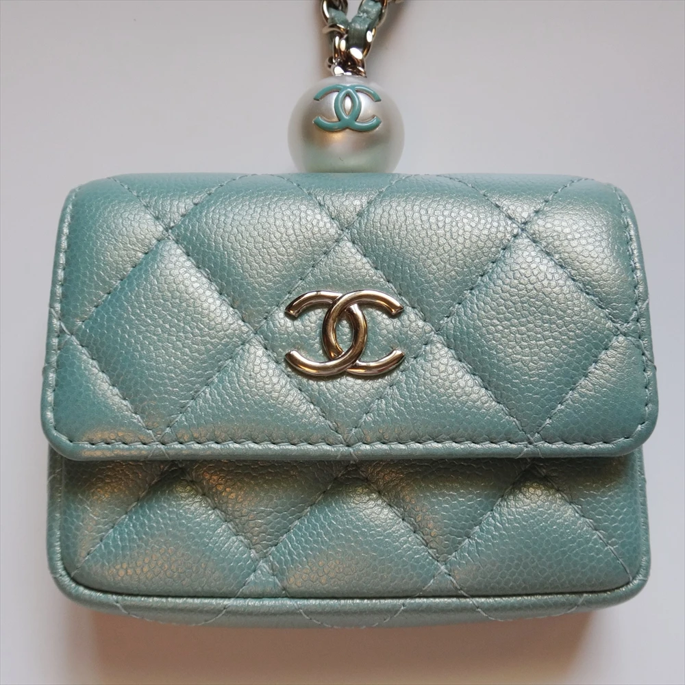 Chanel Iridescent Light Blue Caviar Quilted Pearl On Top Wallet On Chain Coin Purse