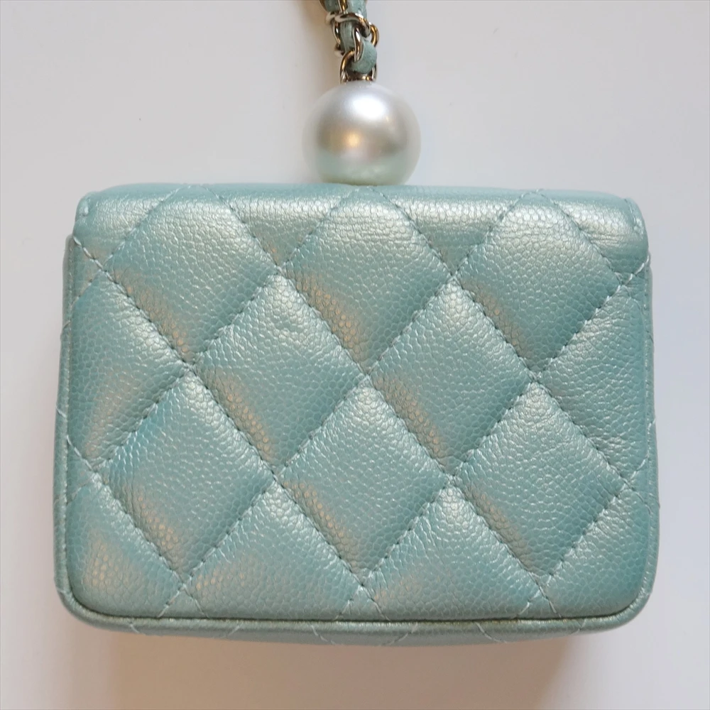 Chanel Iridescent Light Blue Caviar Quilted Pearl On Top Wallet On Chain Coin Purse