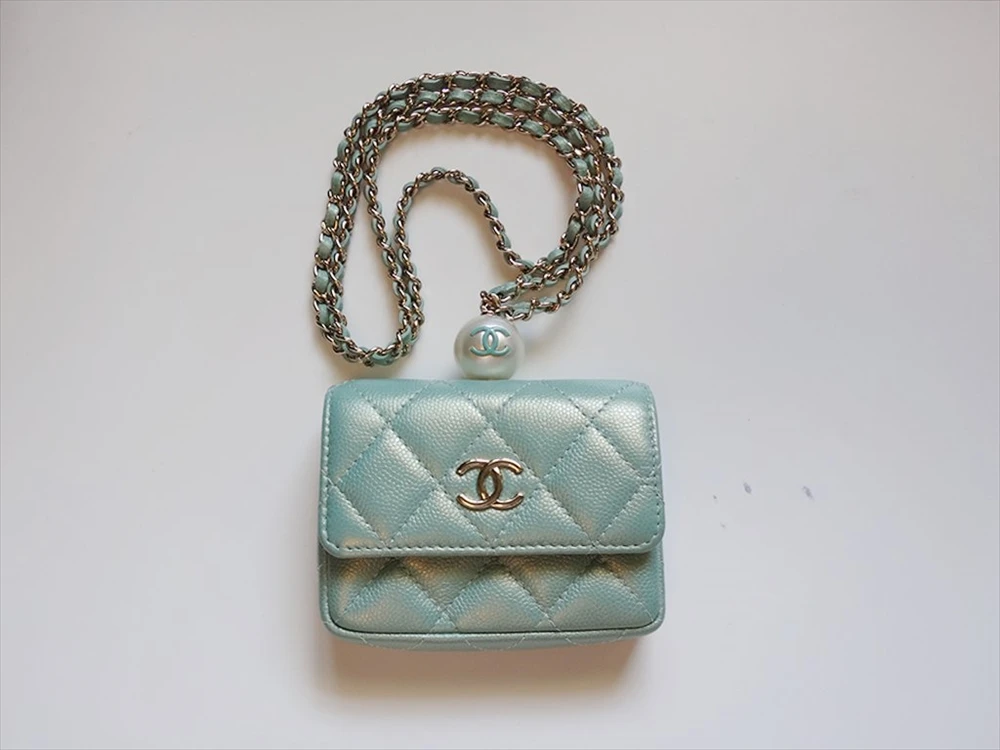 Chanel Iridescent Light Blue Caviar Quilted Pearl On Top Wallet On Chain Coin Purse