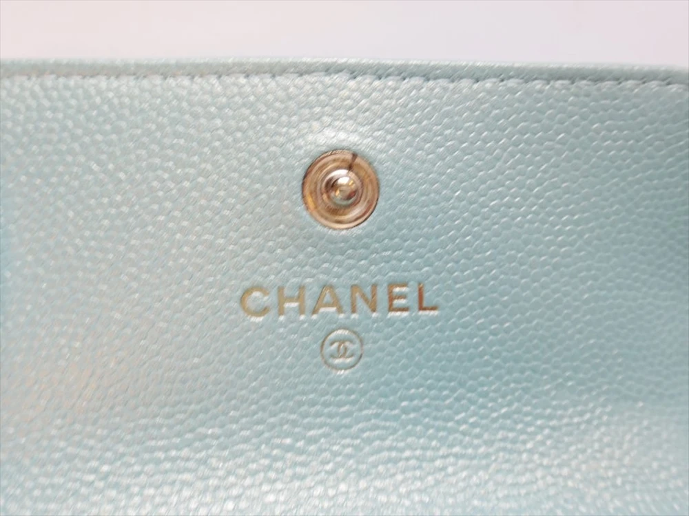 Chanel Iridescent Light Blue Caviar Quilted Pearl On Top Wallet On Chain Coin Purse