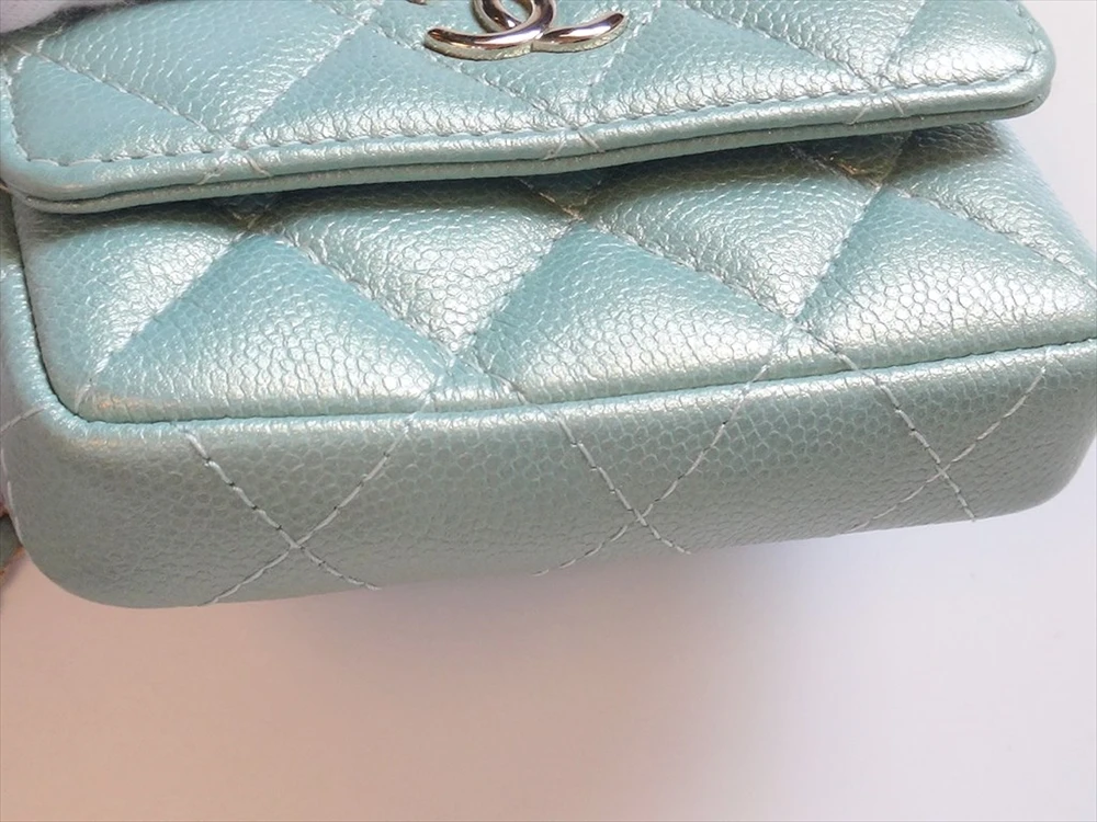 Chanel Iridescent Light Blue Caviar Quilted Pearl On Top Wallet On Chain Coin Purse