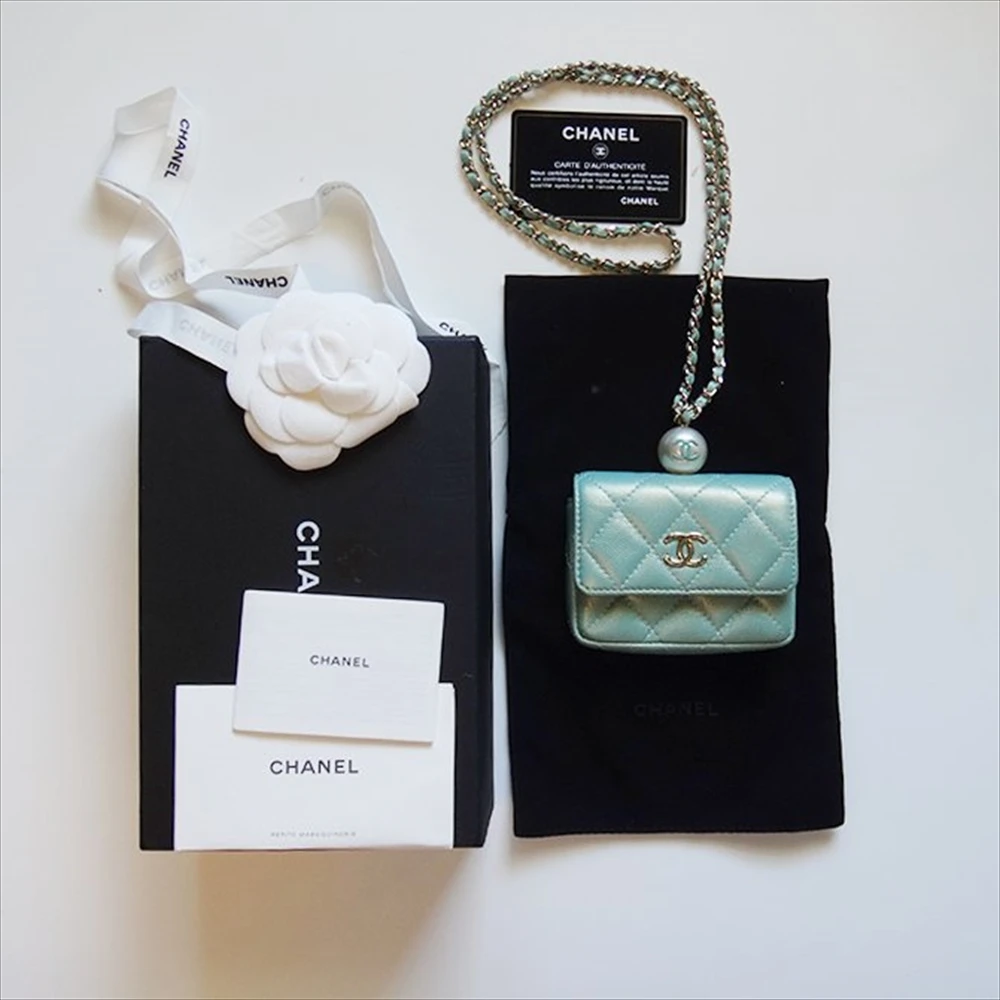 Chanel Iridescent Light Blue Caviar Quilted Pearl On Top Wallet On Chain Coin Purse