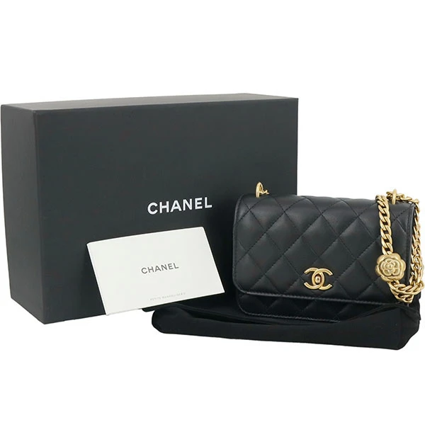 Chanel Black Lambskin Leather Mini 23s Camellia Crush Wallet on Chain Bag