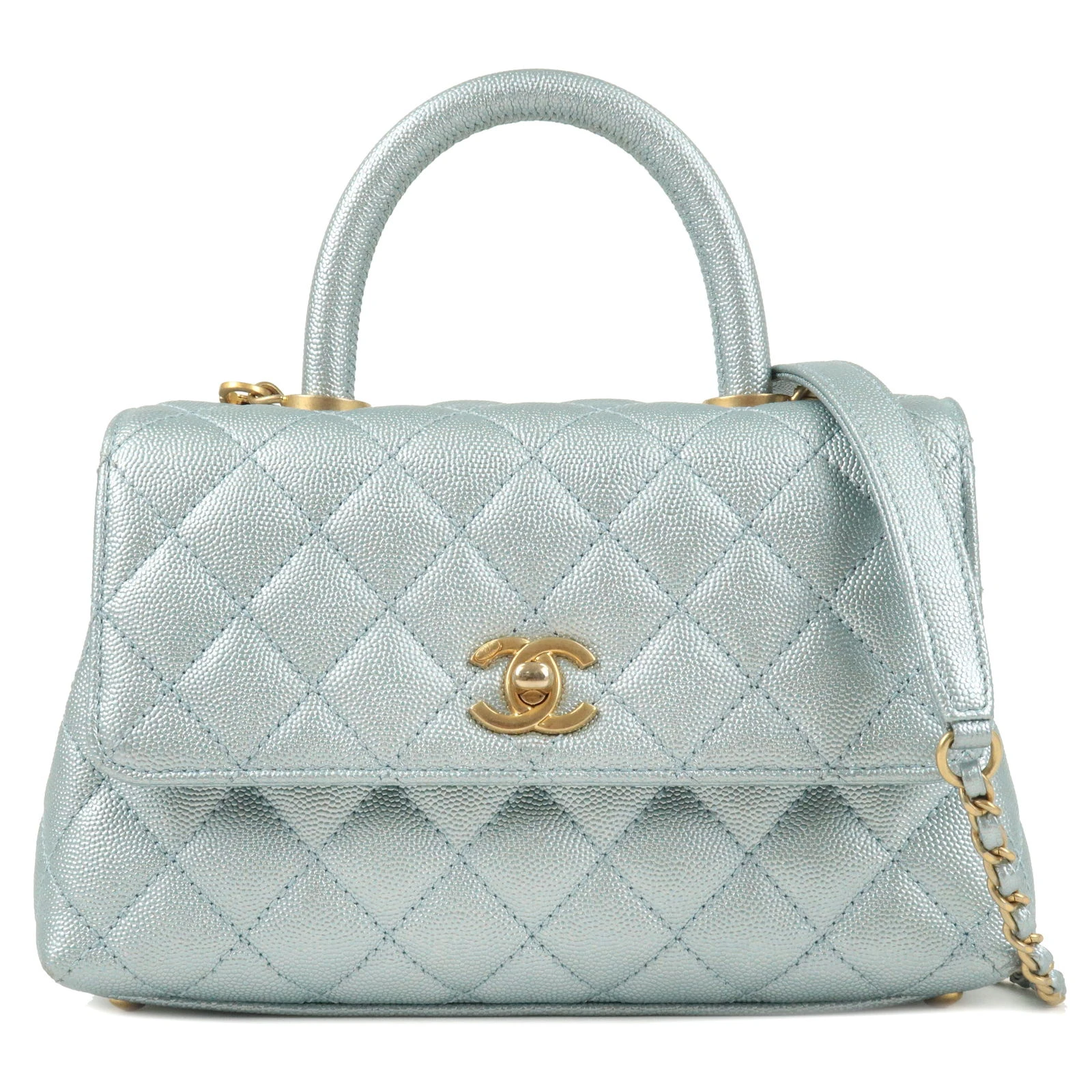 Chanel Metallic Light Blue Small Caviar Leather Coco Top Handle Bag