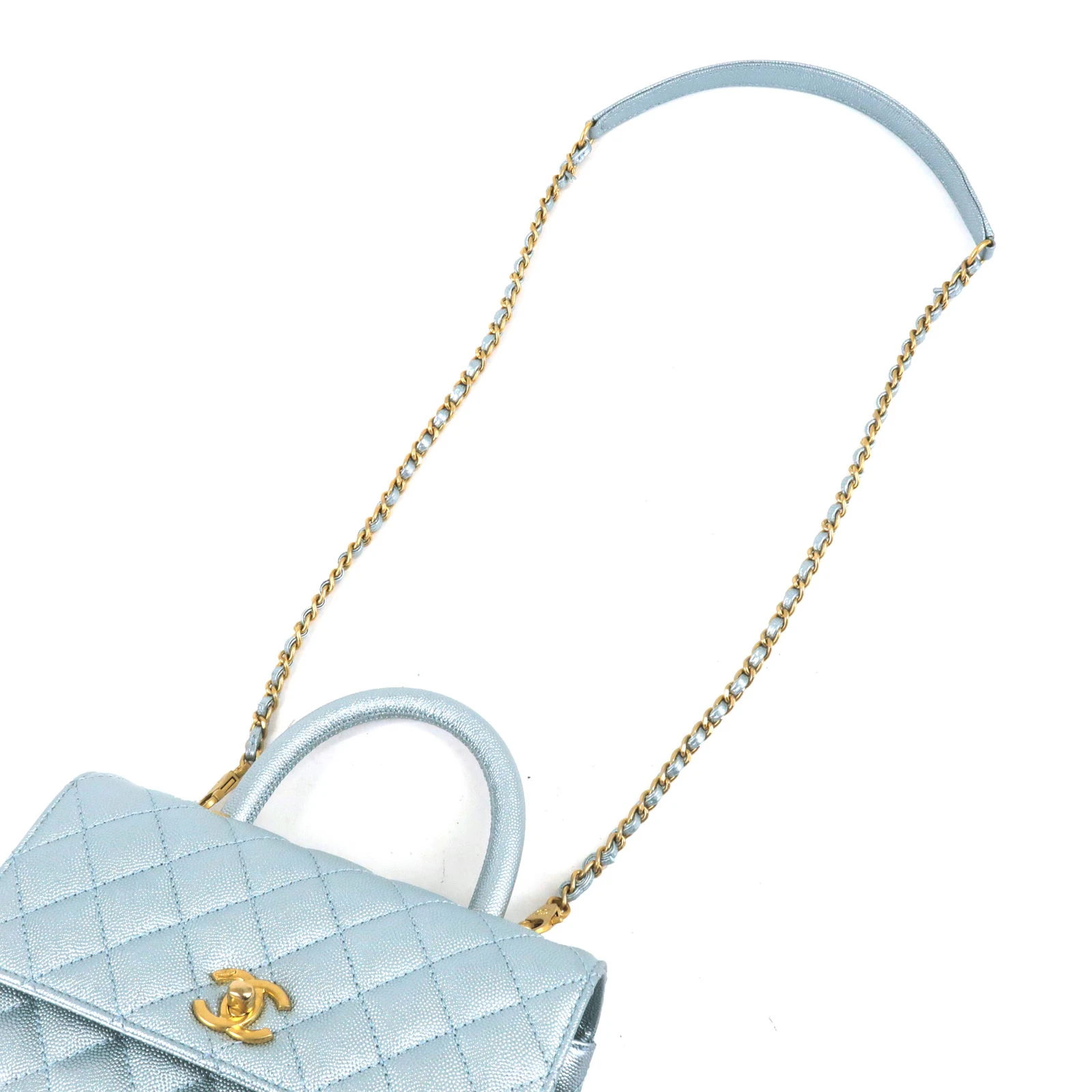 Chanel Metallic Light Blue Small Caviar Leather Coco Top Handle Bag