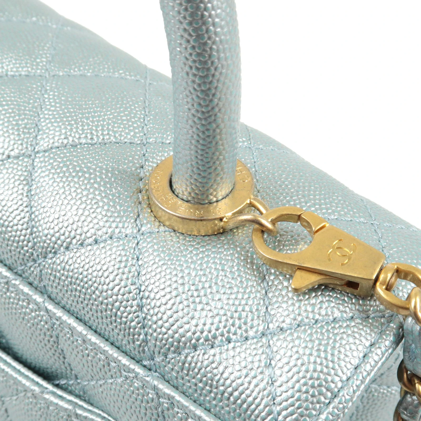 Chanel Metallic Light Blue Small Caviar Leather Coco Top Handle Bag