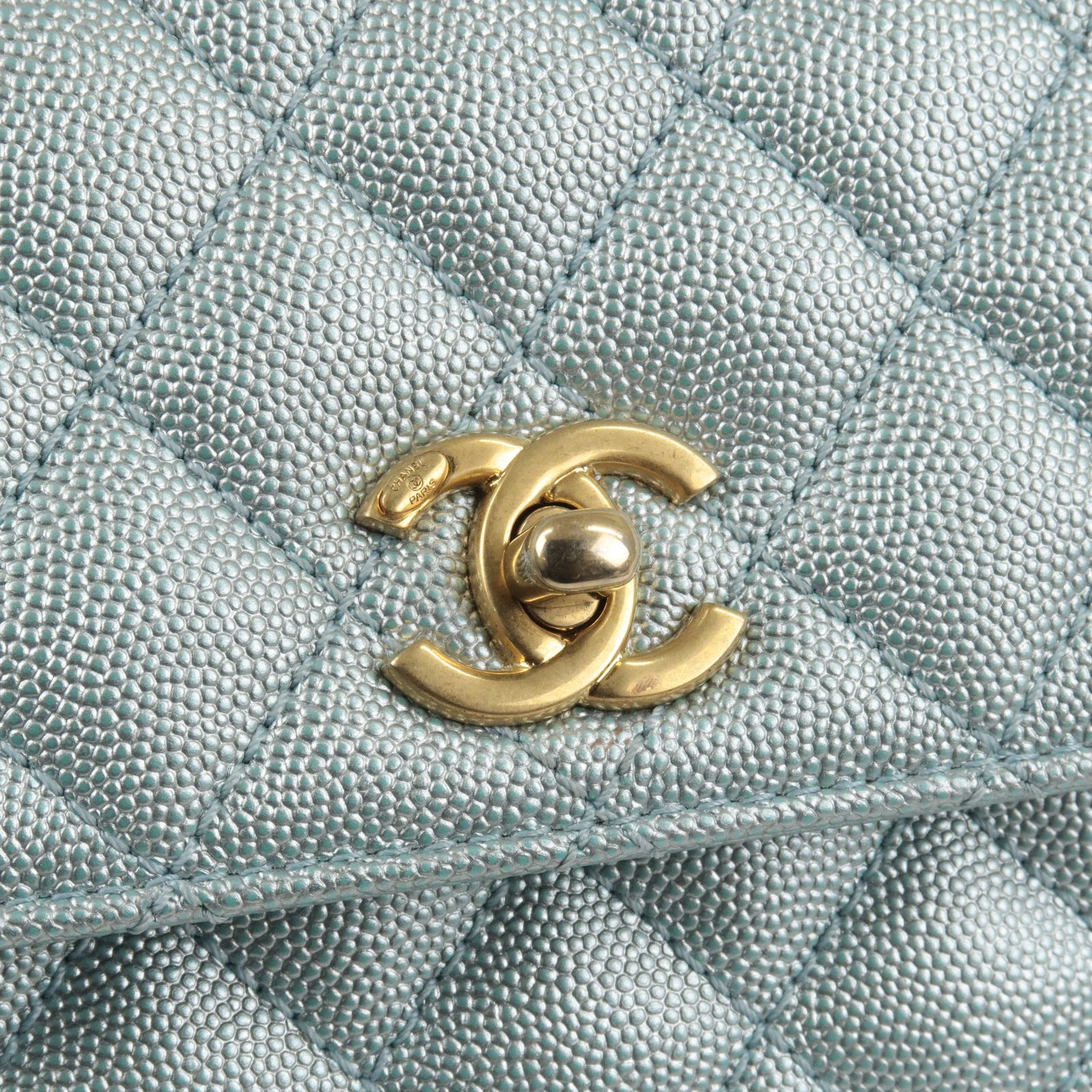 Chanel Metallic Light Blue Small Caviar Leather Coco Top Handle Bag