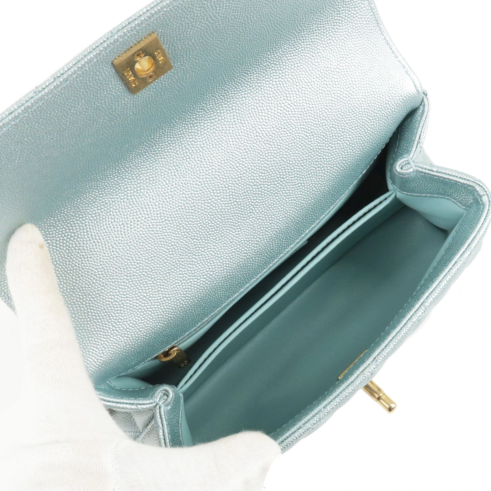 Chanel Metallic Light Blue Small Caviar Leather Coco Top Handle Bag