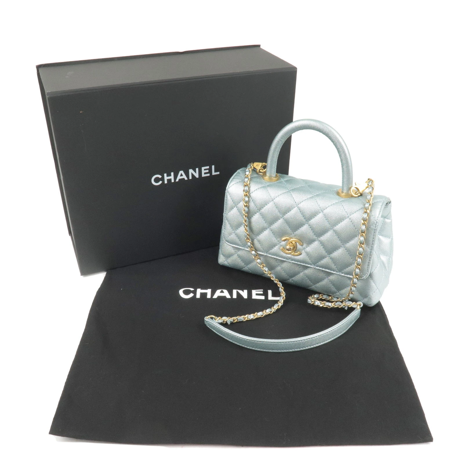 Chanel Metallic Light Blue Small Caviar Leather Coco Top Handle Bag