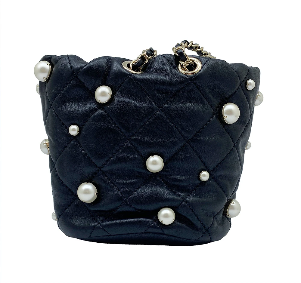 Chanel Black Lambskin Quilted Pearl Mini About Pearl Drawstring Bag