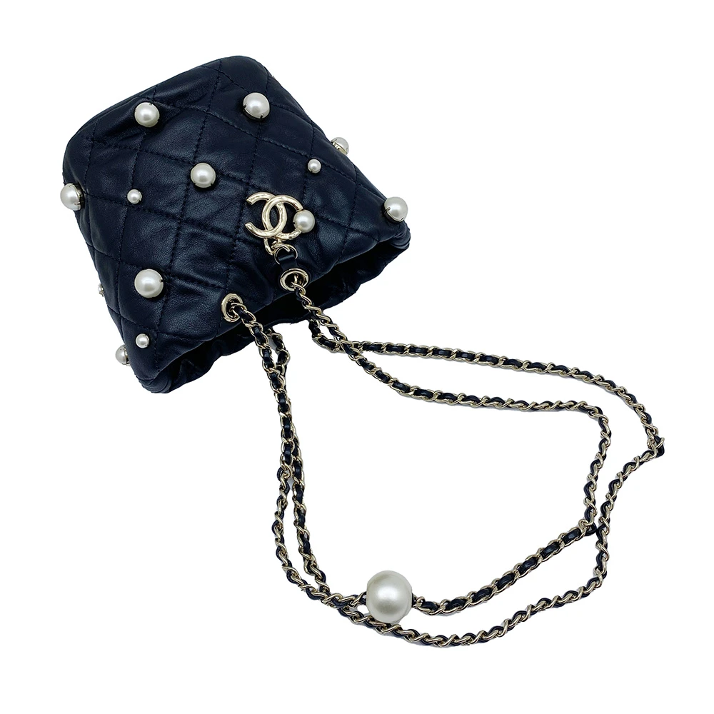 Chanel Black Lambskin Quilted Pearl Mini About Pearl Drawstring Bag