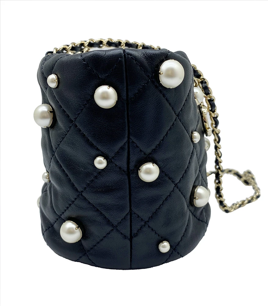 Chanel Black Lambskin Quilted Pearl Mini About Pearl Drawstring Bag