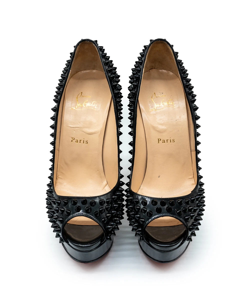 Christian Louboutin Size 39.5 Black Patent Leather Lady Peep Toe Spike Platform Pumps