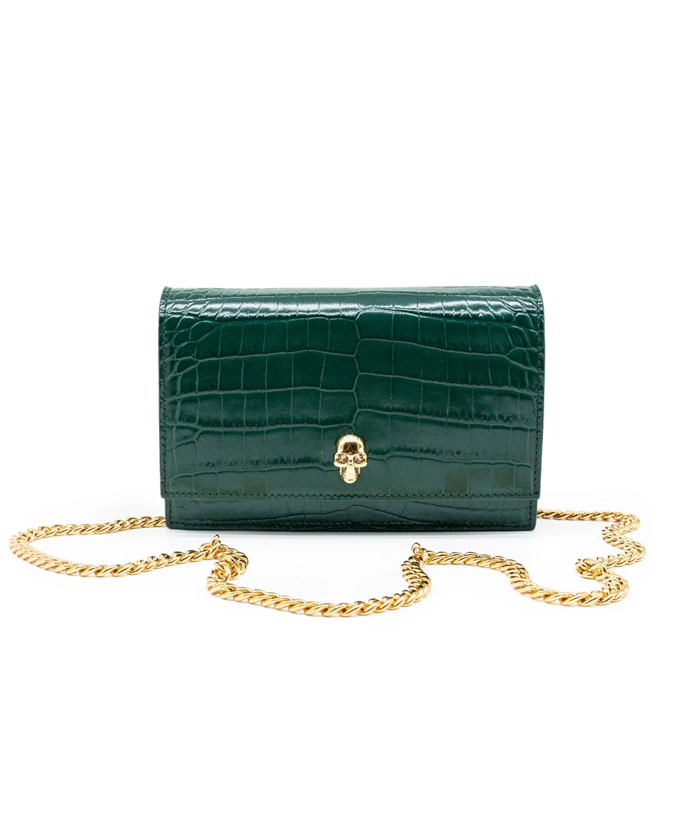 Alexander McQueen Green Calfskin Leather Croc-Embossed Mini Skull Bag