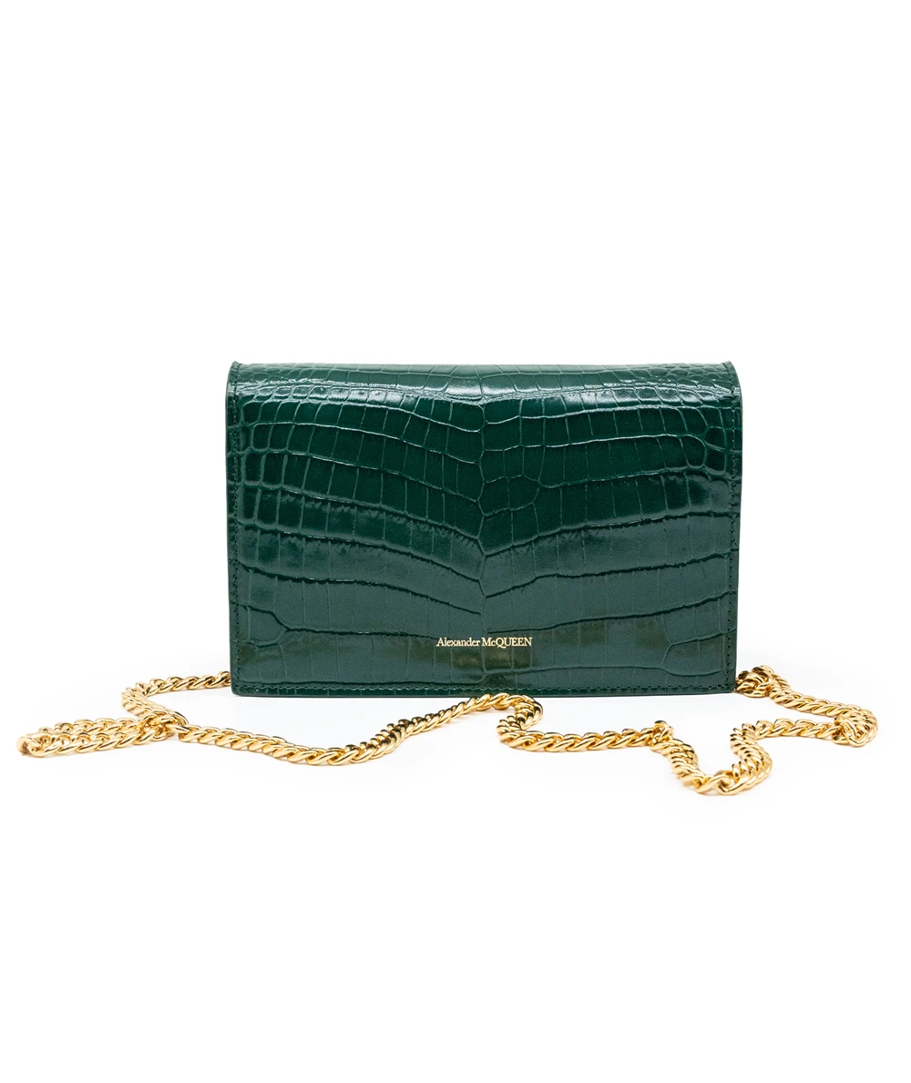 Alexander McQueen Green Calfskin Leather Croc-Embossed Mini Skull Bag