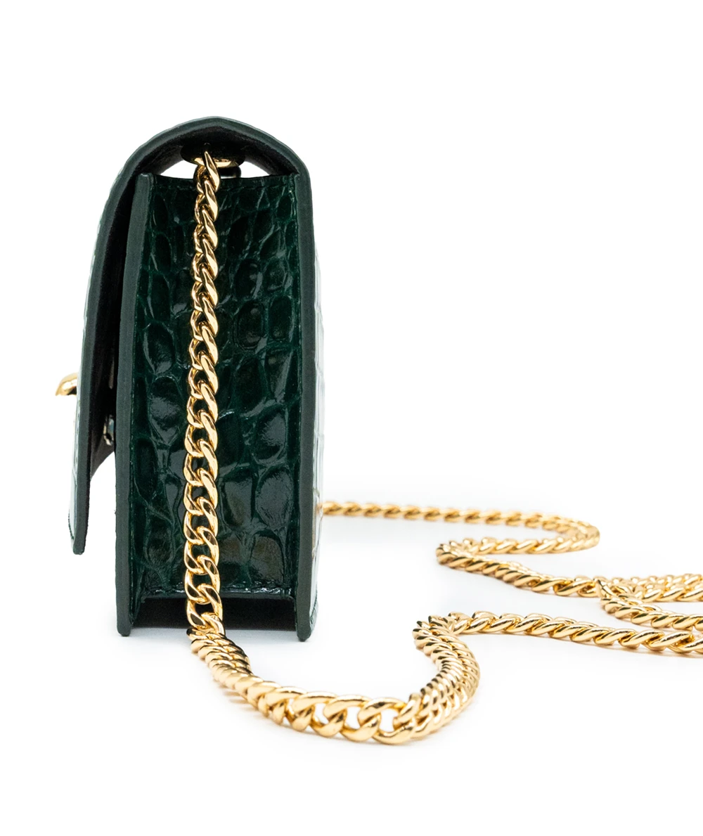 Alexander McQueen Green Calfskin Leather Croc-Embossed Mini Skull Bag