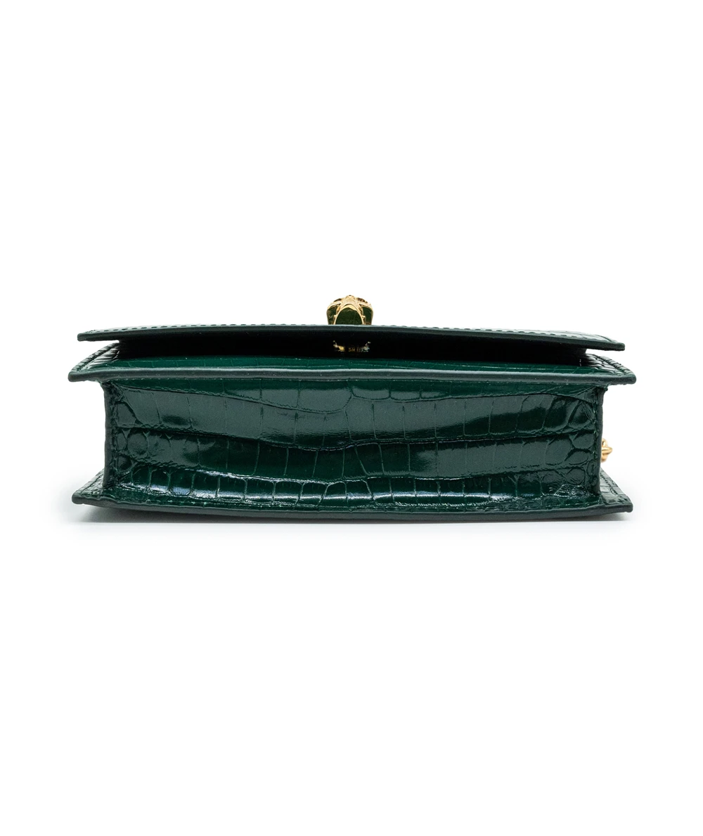 Alexander McQueen Green Calfskin Leather Croc-Embossed Mini Skull Bag