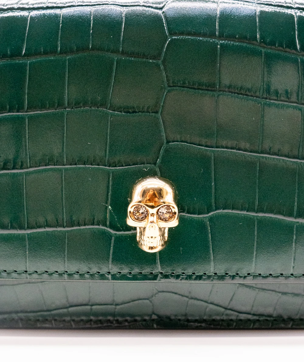 Alexander McQueen Green Calfskin Leather Croc-Embossed Mini Skull Bag