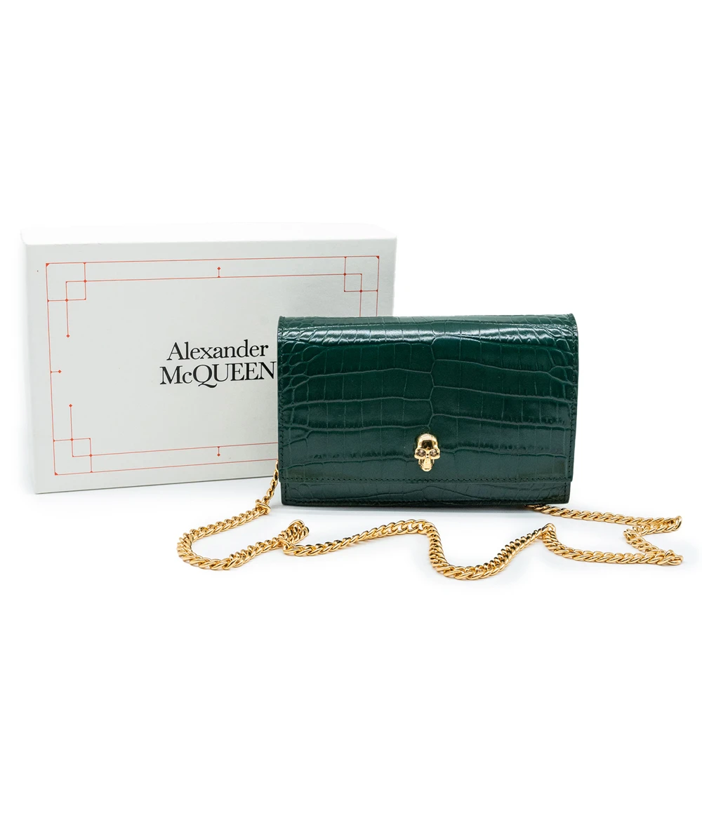 Alexander McQueen Green Calfskin Leather Croc-Embossed Mini Skull Bag