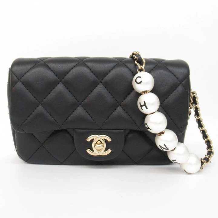 Chanel Black Lambskin Quilted Mini My Precious Pearls Chain Shoulder Bag