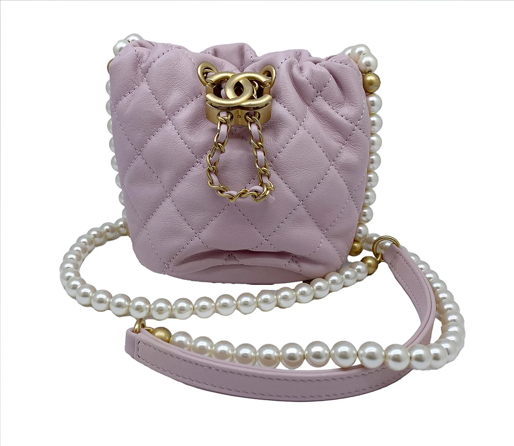 Chanel Pink Calfskin Leather Mini About Pearls Drawstring Bucket Bag