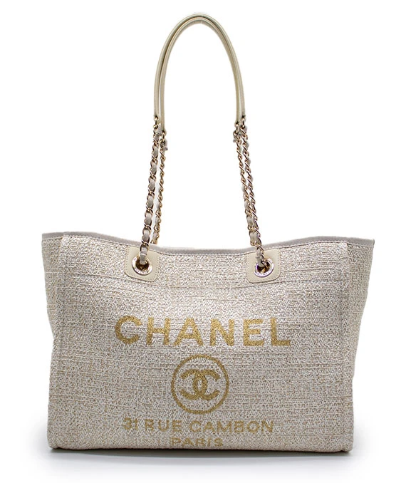 Chanel Deauville White Canvas Tote Bag in GM size with Gold hardware