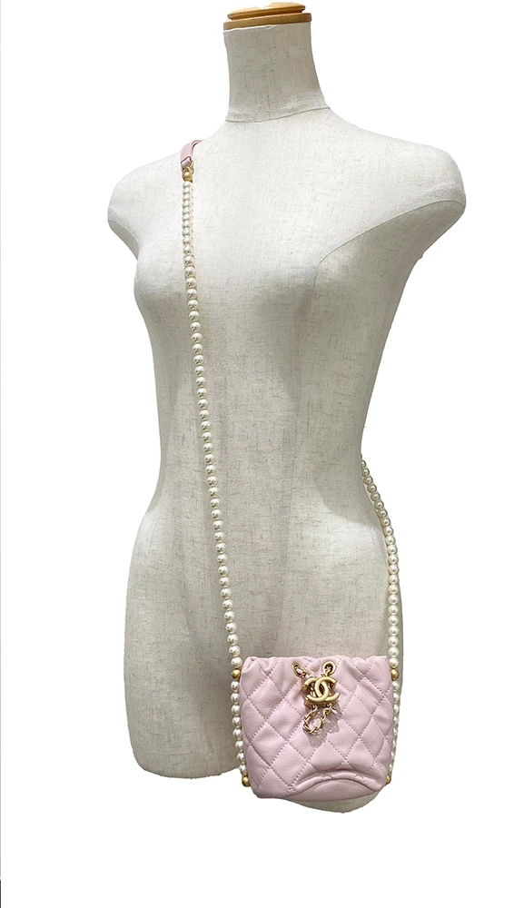 Chanel Pink Calfskin Leather Mini About Pearls Drawstring Bucket Bag