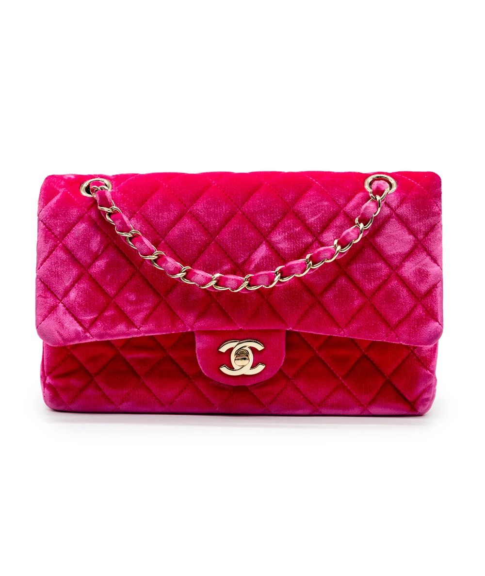 Chanel Fuschia Pink Quilted Velvet Medium Classic Double Flap Bag