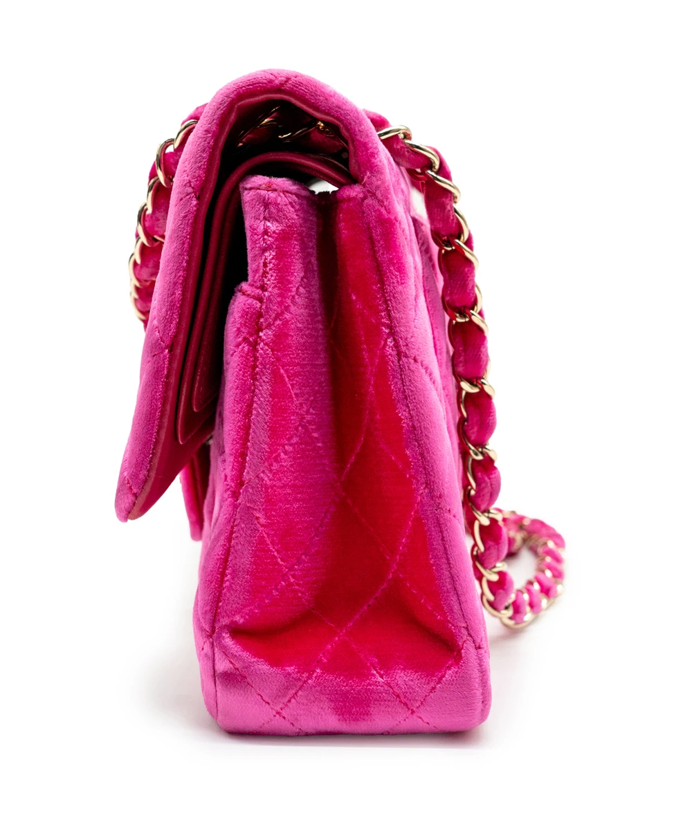 Chanel Fuschia Pink Quilted Velvet Medium Classic Double Flap Bag