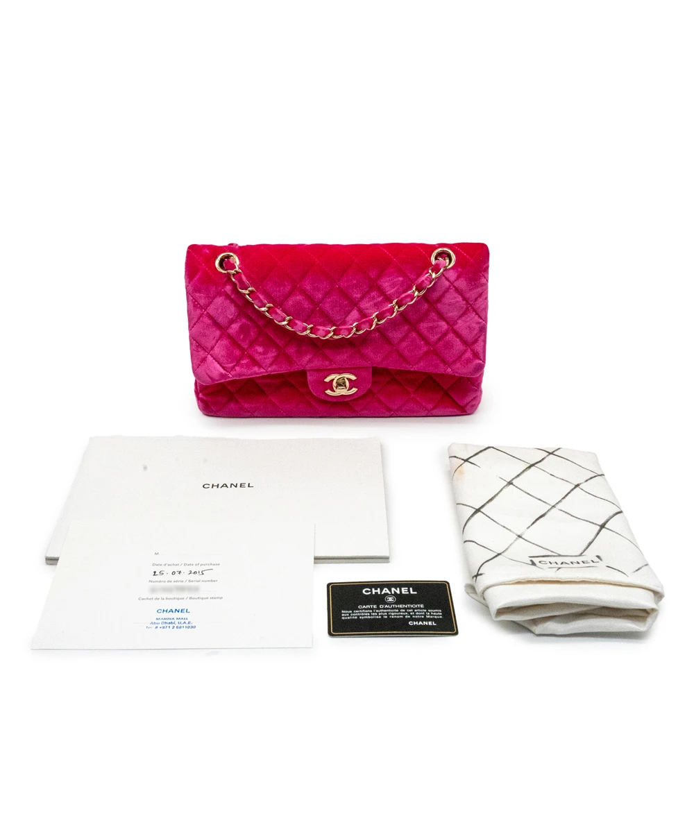 Chanel Fuschia Pink Quilted Velvet Medium Classic Double Flap Bag