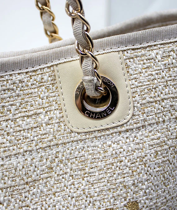 Chanel Deauville White Canvas Tote Bag in GM size with Gold hardware