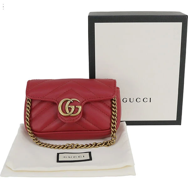 Gucci Red Calfskin Leather Mini GG Marmont Chain Shoulder Bag