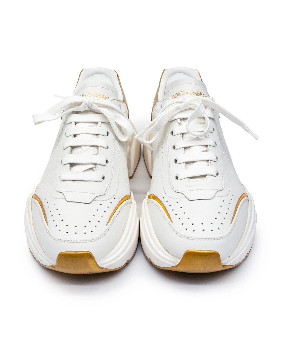 Dolce & Gabbana Size 40 White/Golden Patent Leather Super King Low Top Sneakers