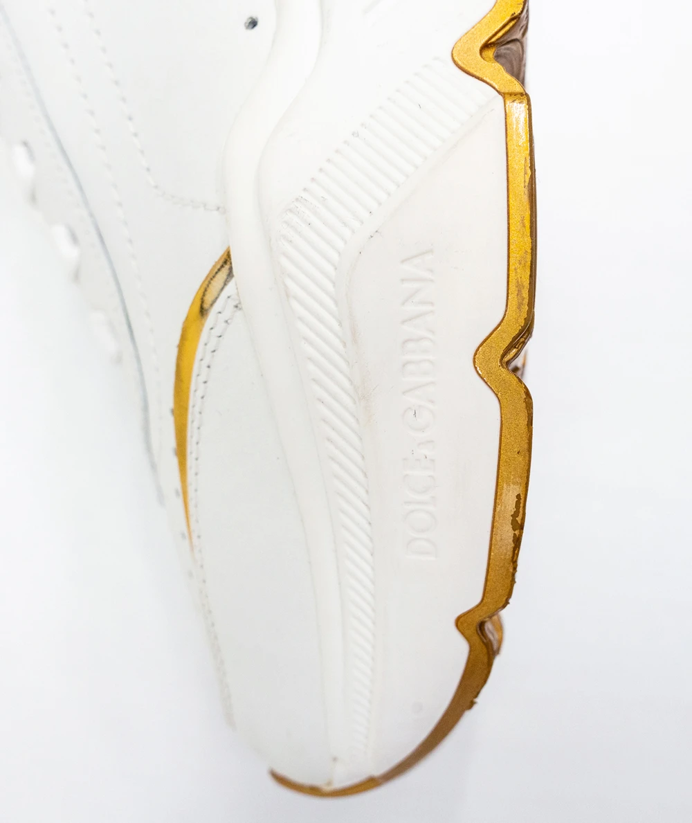 Dolce & Gabbana Size 40 White/Golden Patent Leather Super King Low Top Sneakers