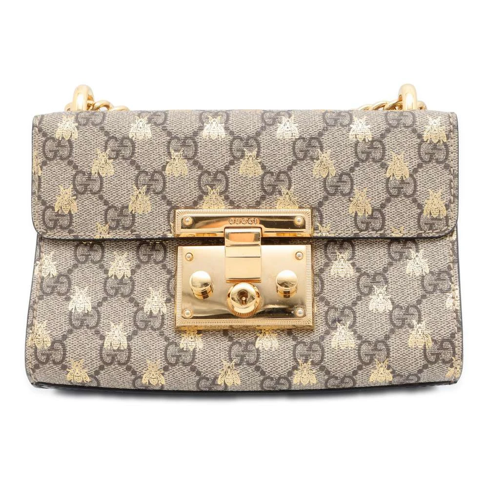 Gucci Beige/Black GG Supreme Bees Canvas and Leather Small Padlock Shoulder Bag