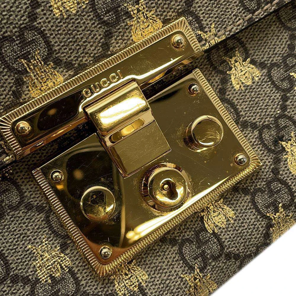 Gucci Beige/Black GG Supreme Bees Canvas and Leather Small Padlock Shoulder Bag