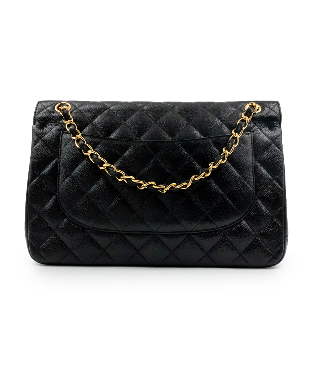 Chanel Black Double Flap Classic Jumbo Caviar Leather Handbag with Gold Hardware