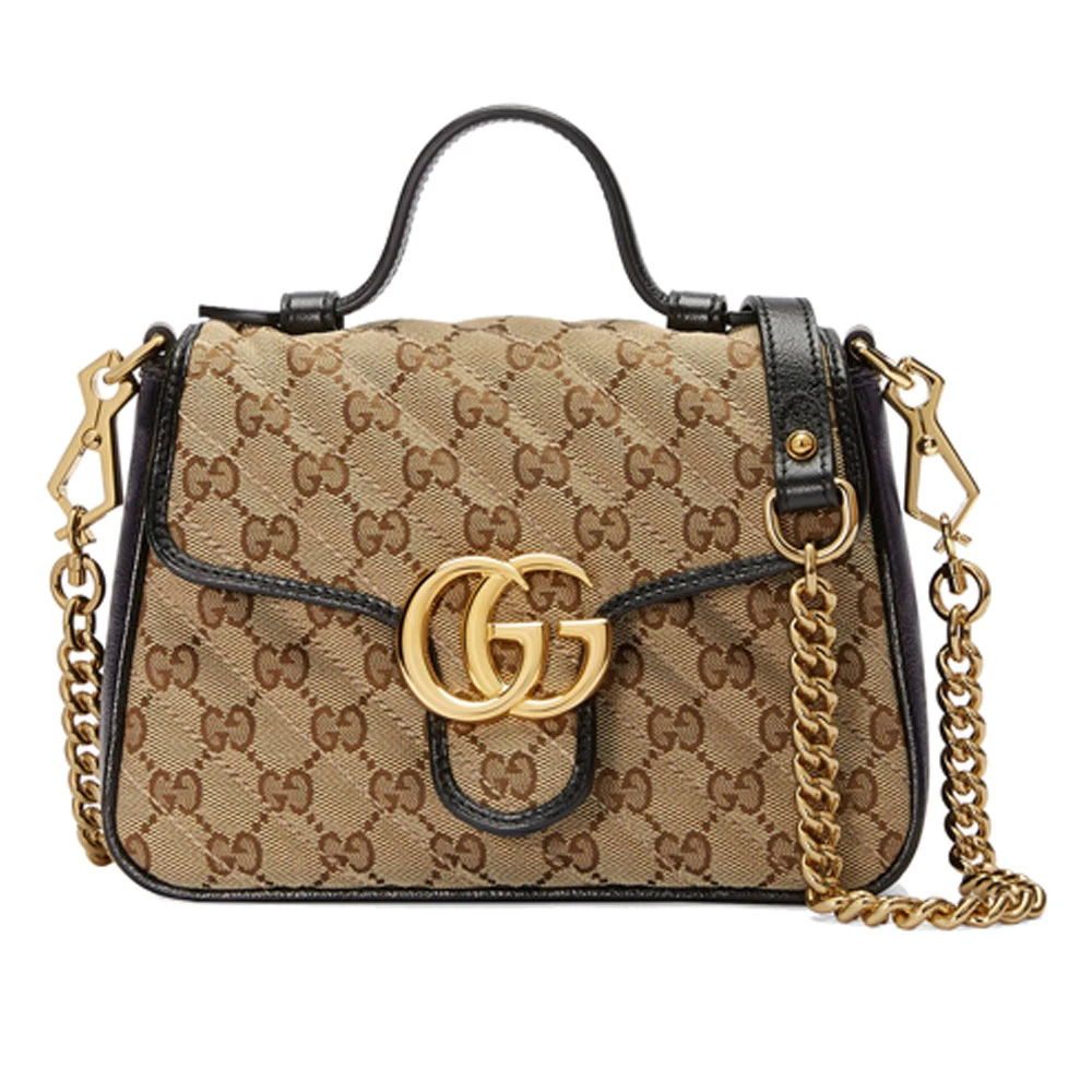 Gucci Beige/Brown GG Canvas and Leather Mini GG Marmont Top Handle Bag