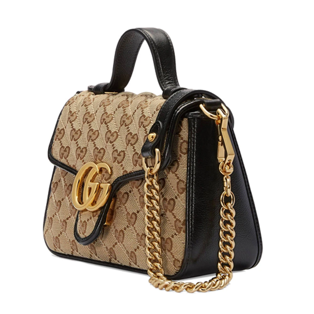 Gucci Beige/Brown GG Canvas and Leather Mini GG Marmont Top Handle Bag