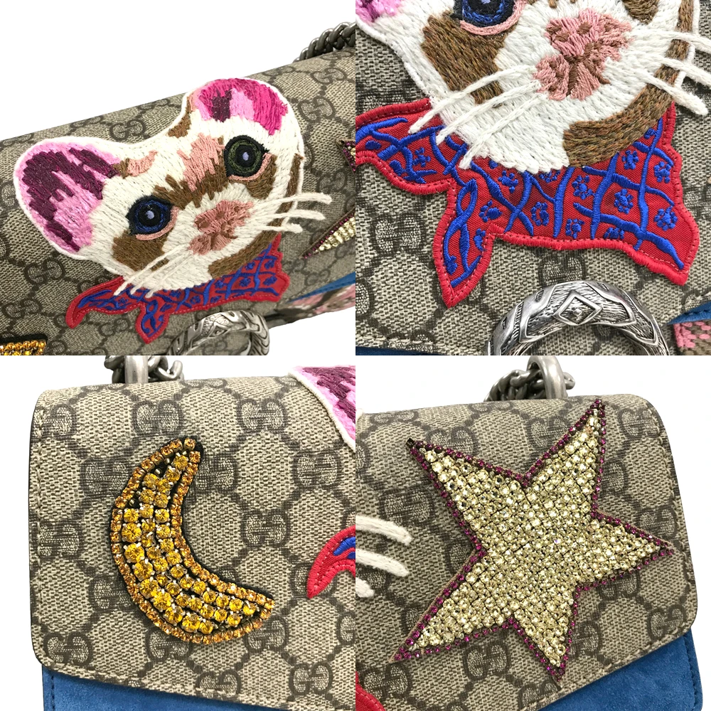 Gucci Beige/Blue Medium Dionysus Cat GG Supreme Canvas Chain Shoulder Bag