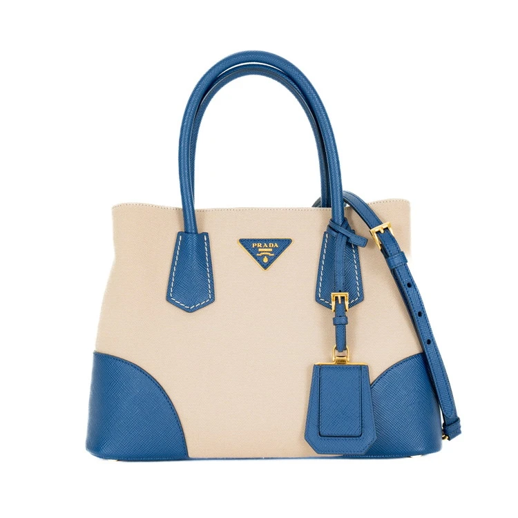 Prada Blue/Beige Canvas and Saffiano Leather Cuir Double Tote Bag