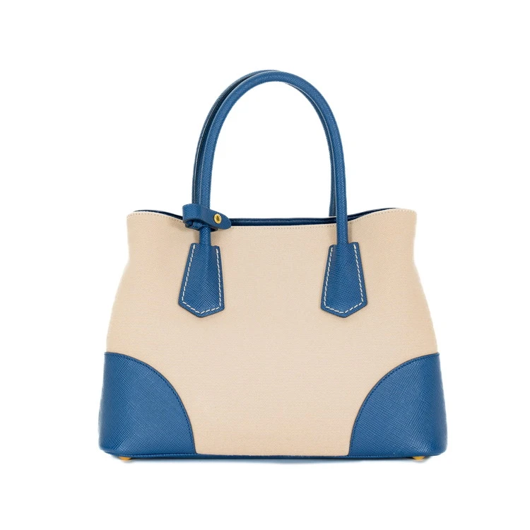 Prada Blue/Beige Canvas and Saffiano Leather Cuir Double Tote Bag