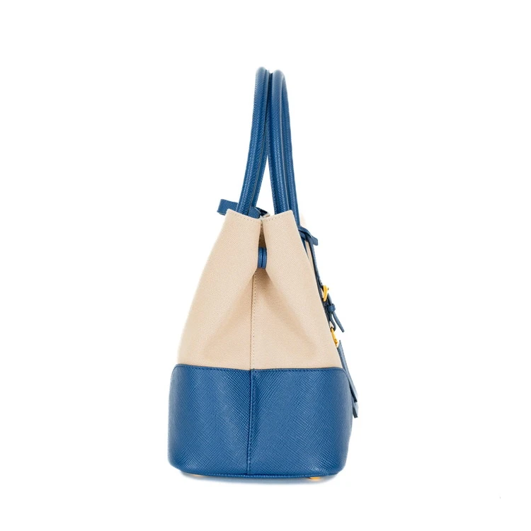 Prada Blue/Beige Canvas and Saffiano Leather Cuir Double Tote Bag