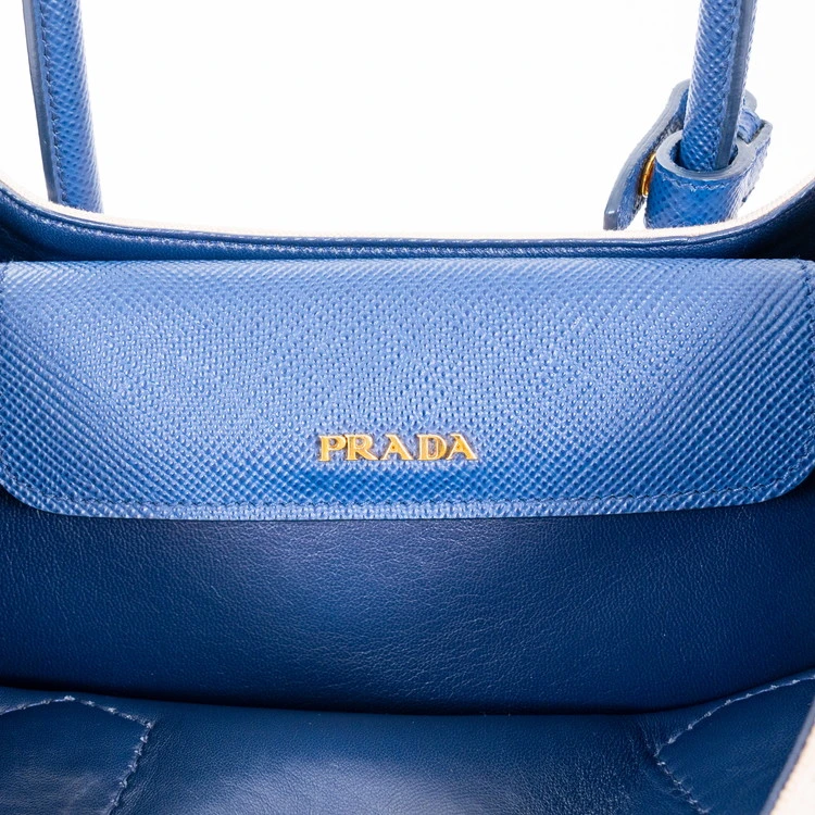 Prada Blue/Beige Canvas and Saffiano Leather Cuir Double Tote Bag