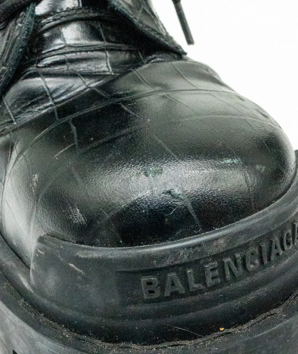 Balenciaga Size 38 Black Croc Embossed Leather Strike Lace-up Women’s Boots