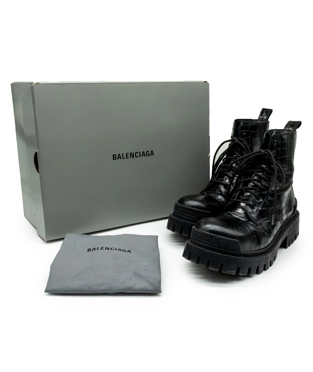 Balenciaga Size 38 Black Croc Embossed Leather Strike Lace-up Women’s Boots