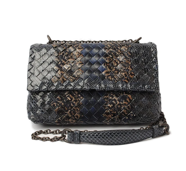 Bottega Veneta Grey/Navy Blue Intrecciato Snakeskin Olimpia Shoulder Bag