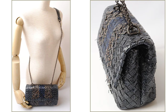 Bottega Veneta Grey/Navy Blue Intrecciato Snakeskin Olimpia Shoulder Bag