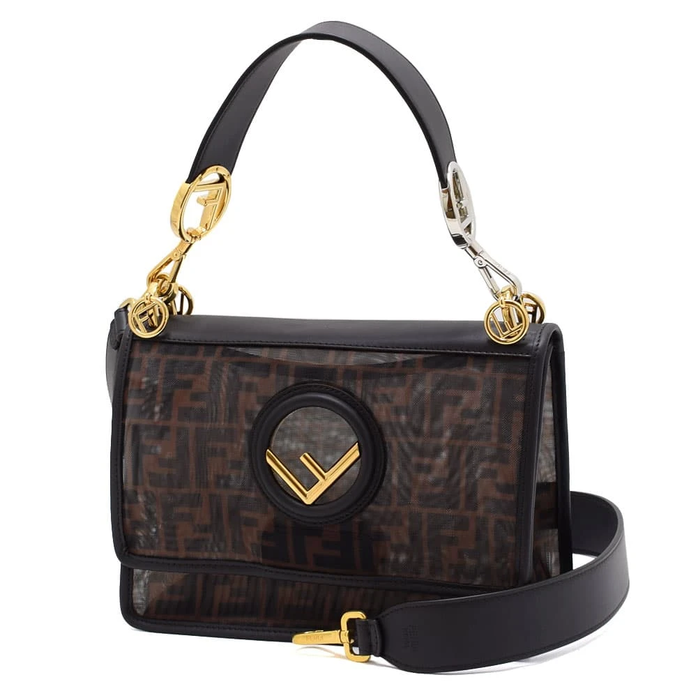 Fendi Black Brown FF Mesh and Leather Kan I Shoulder Bag