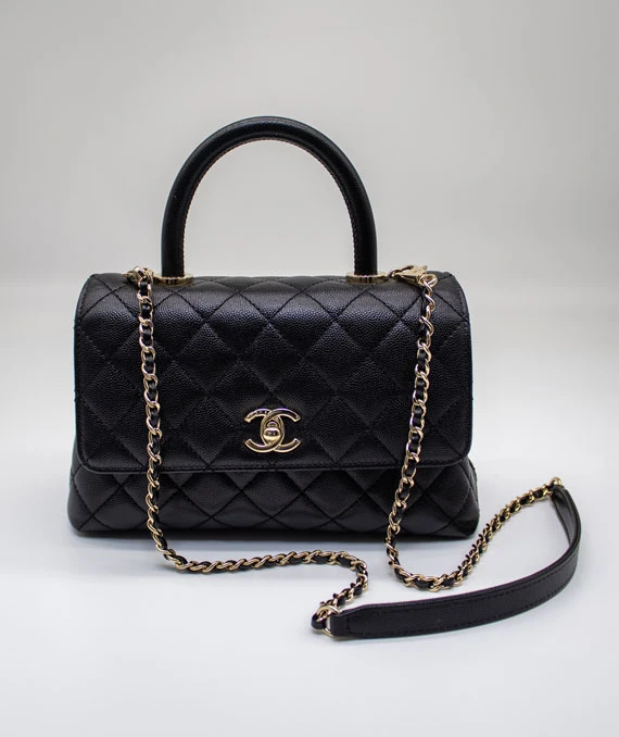 Chanel Quilted Black Small Coco Handle Caviar Leather Bag with Gold Hardware